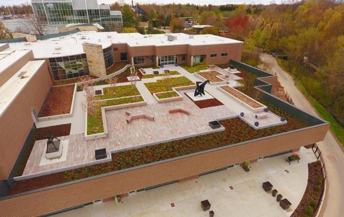 Green roof application accompanies a roof-top sculpture garden.
