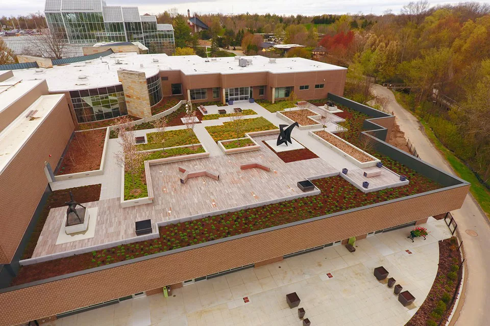 Green roof application accompanies a roof-top sculpture garden.